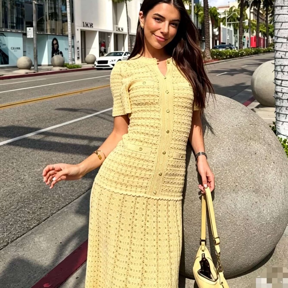 Sandro Textured Knit Maxi Dress, Short‑Sleeve Sparkle Gold Dress EU Size 36